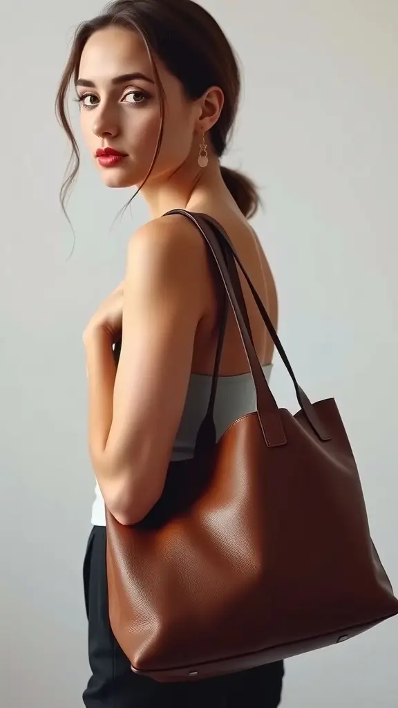 A classic brown leather bag with handles and a strap, placed above the words 'LINE' and 'USNE'.