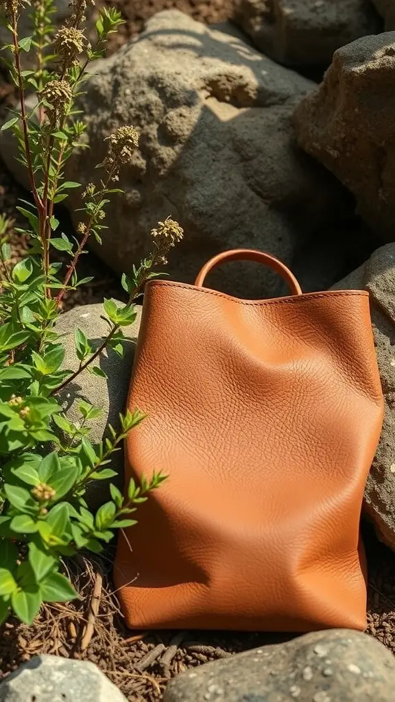 A pair of brown leather boots and a brown leather bag on a natural path surrounded by greenery.