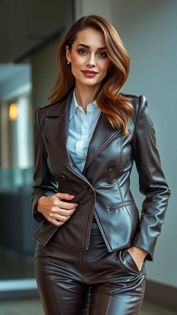Three women in leather jackets and pants walking confidently in an office setting.
