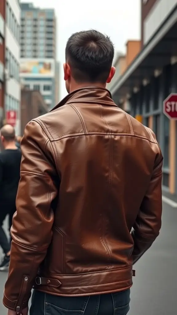 A man wearing a brown leather jacket, viewed from the back, walking in an urban setting.