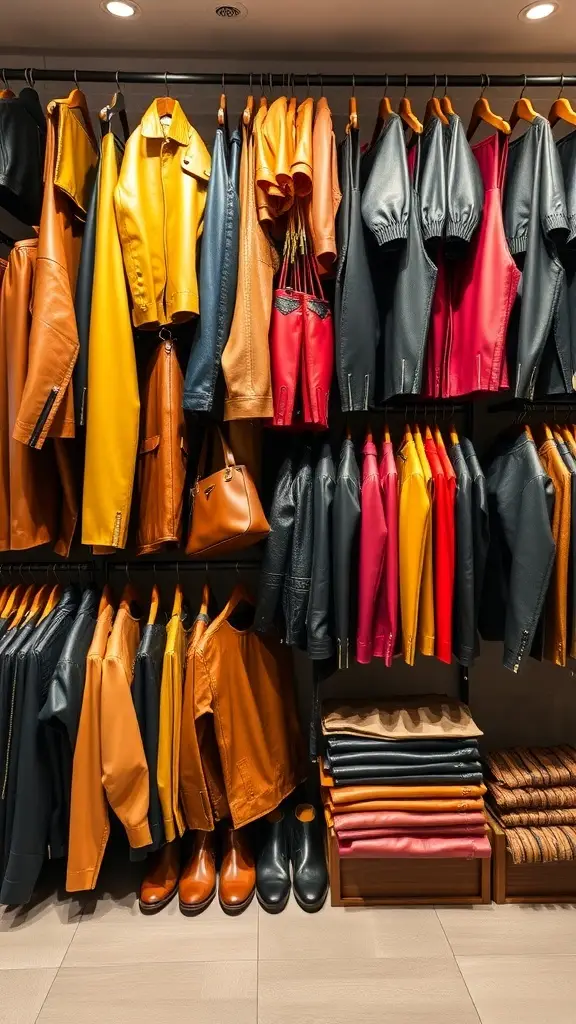 A collection of colorful leather jackets and accessories in various shades, including yellow, red, and blue, hanging on display.
