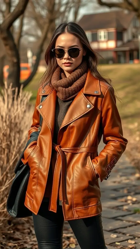 A stylish individual wearing a brown leather jacket and sunglasses, showcasing leather fashion layering techniques.