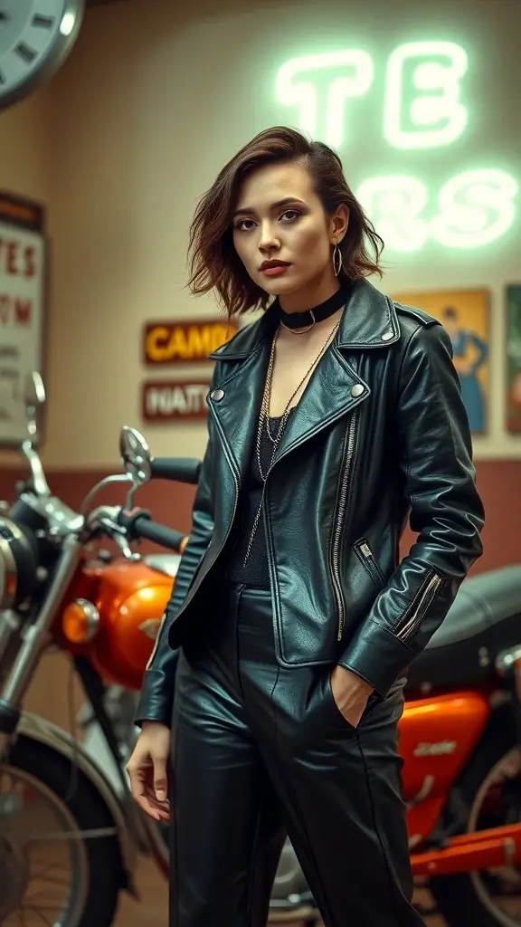 A model wearing a black leather jacket and pants, standing next to a motorcycle in a vintage setting.