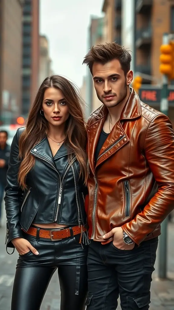 A diverse group of women wearing various leather outfits, showcasing leather fashion for all body types.