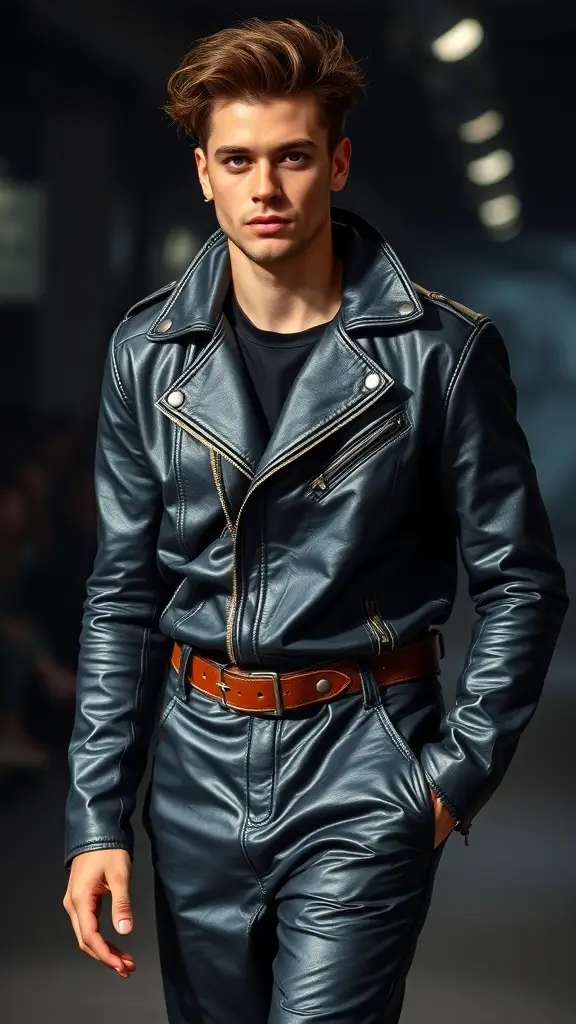 A display of leather fashion items including jackets and bags, showcasing upcoming trends.