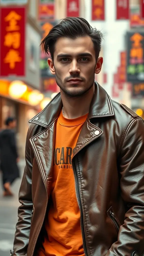 A person wearing a black leather jacket and pants, standing in a vibrant urban street with shops and vehicles.