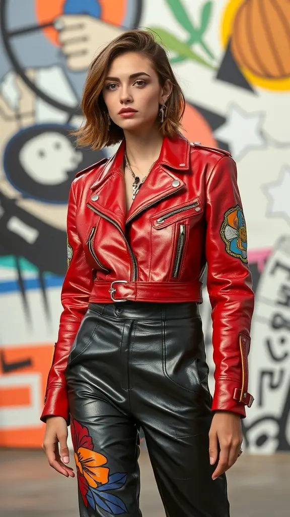 A model wearing a stylish leather outfit with bold prints and patterns, standing against a backdrop of newspaper clippings.