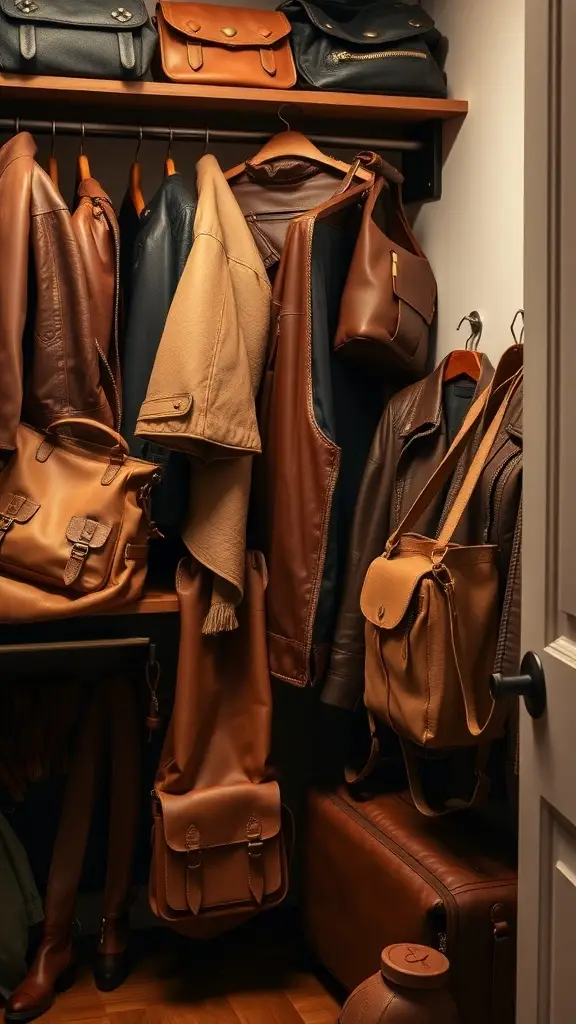 A collection of leather jackets and bags in warm tones hanging in a closet.