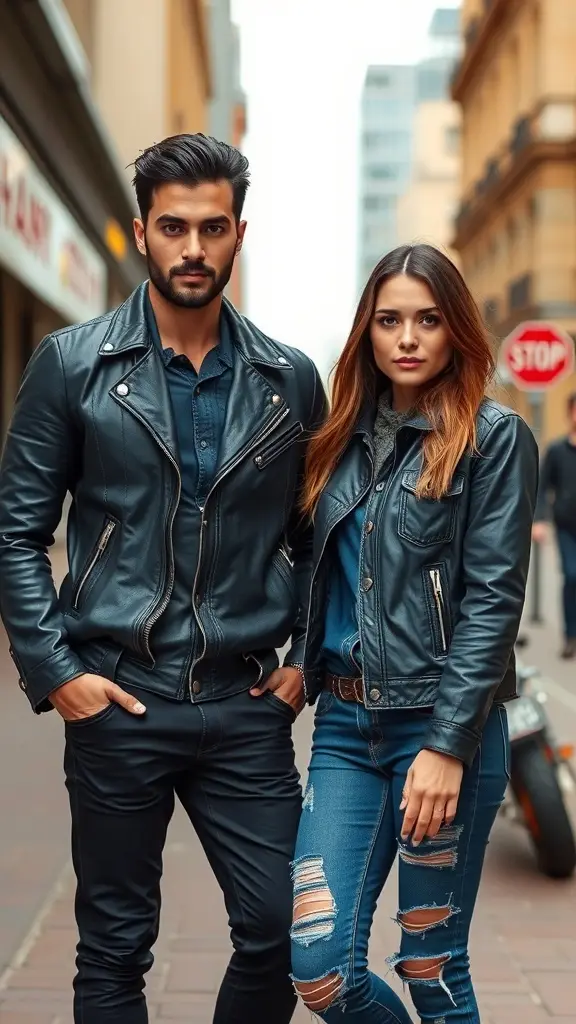 Two mannequins displaying leather and denim outfits in an urban setting.