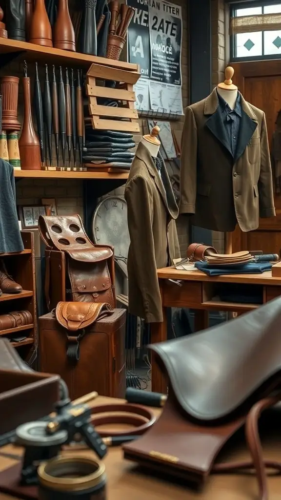 A cozy leather workshop with various leather goods, including jackets and bags, showcasing customization options.