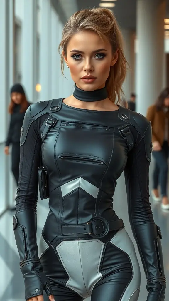 A modern figure in a sleek leather outfit, showcasing the fusion of leather fashion and technology.
