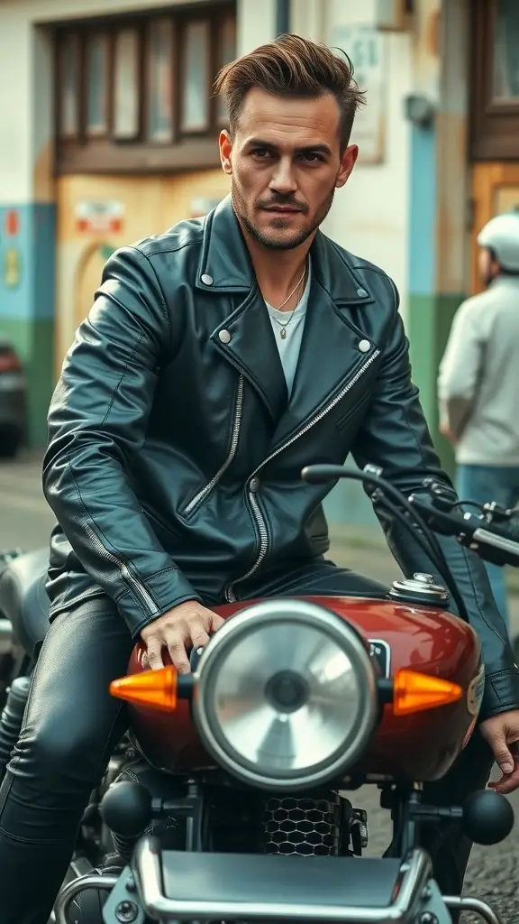 A stylish setup featuring a brown leather jacket, black bags, and vintage decor, showcasing retro leather fashion.