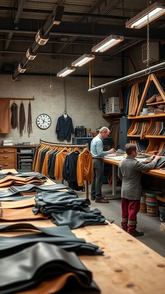 A leather workshop with artisans working on leather pieces, showcasing craftsmanship.