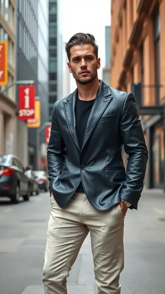 A man wearing a sleek tailored leather blazer, standing confidently in a city street.