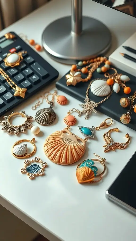 A collection of statement jewelry pieces with oceanic motifs displayed on a desk