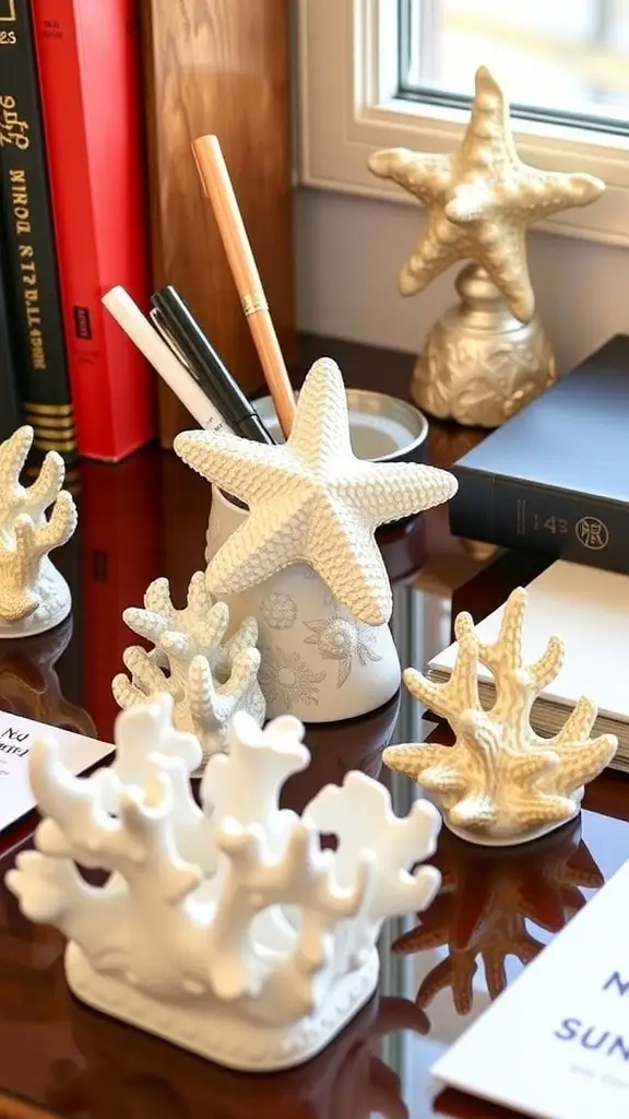 A collection of ocean-themed office accessories including a starfish pen holder, coral-shaped paperweights, and colorful decorative pieces.