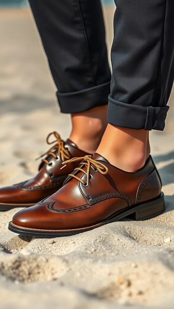 Navy leather shoes on the beach sand with ocean in the background