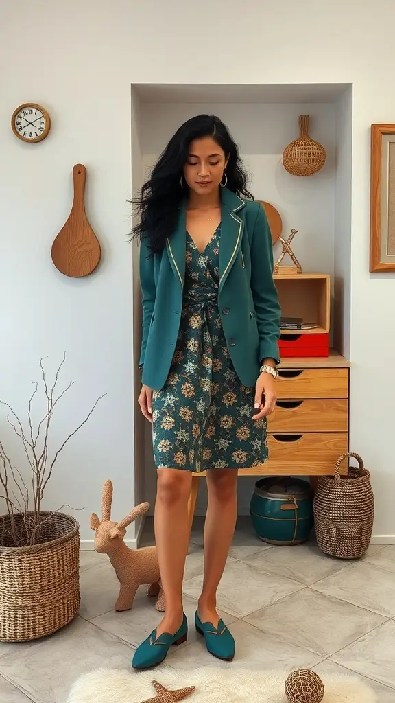A woman wearing a teal blazer over a floral dress, standing in a stylish room with natural decor.