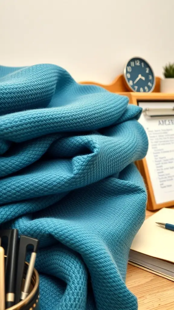 A close-up of textured blue fabric draped over a wooden desk with office supplies.