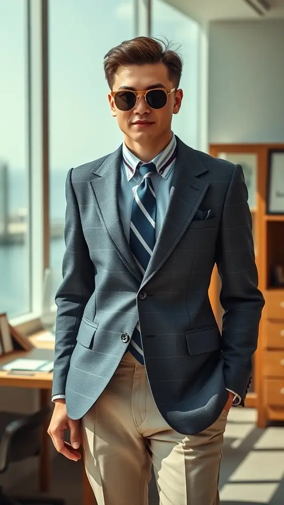 A stylish man wearing a tailored blue blazer with a striped shirt and sunglasses, standing in a modern office with a view of the sea.