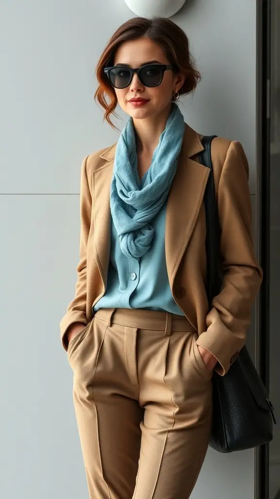 A mannequin displaying a layered office outfit with a blazer, blouse, skirt, and pants in ocean-inspired colors.