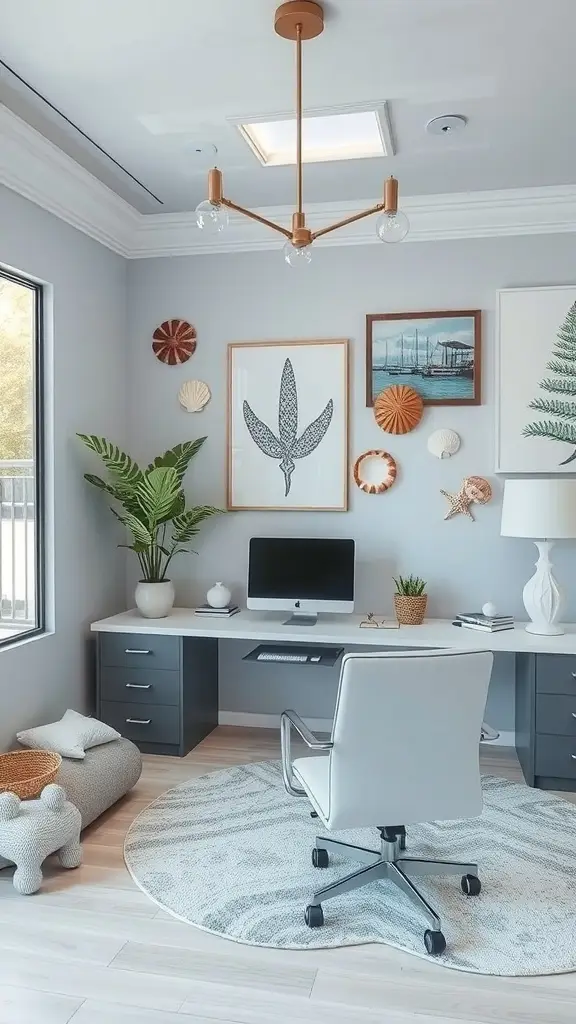 An office space decorated with ocean-themed elements, featuring wooden furniture, coastal artwork, and decorative shells.