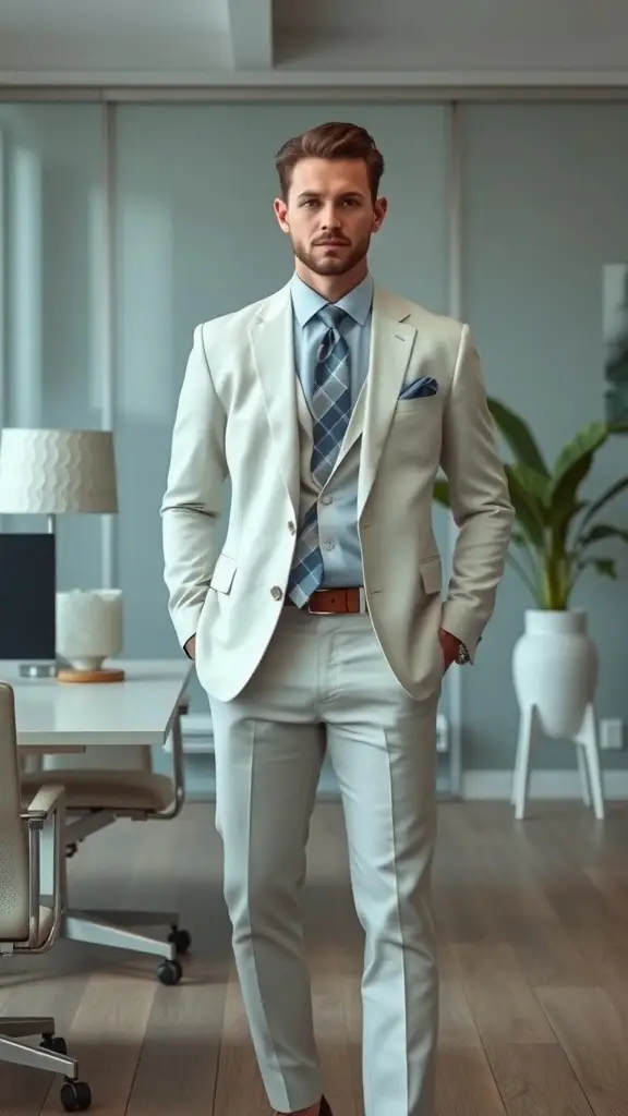 A man in a light-colored suit standing confidently in a modern office setting.