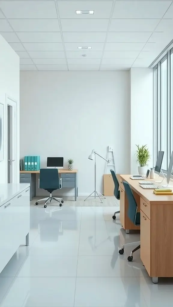 A minimalist office space with wooden desks, teal chairs, and plants, reflecting ocean-inspired design.