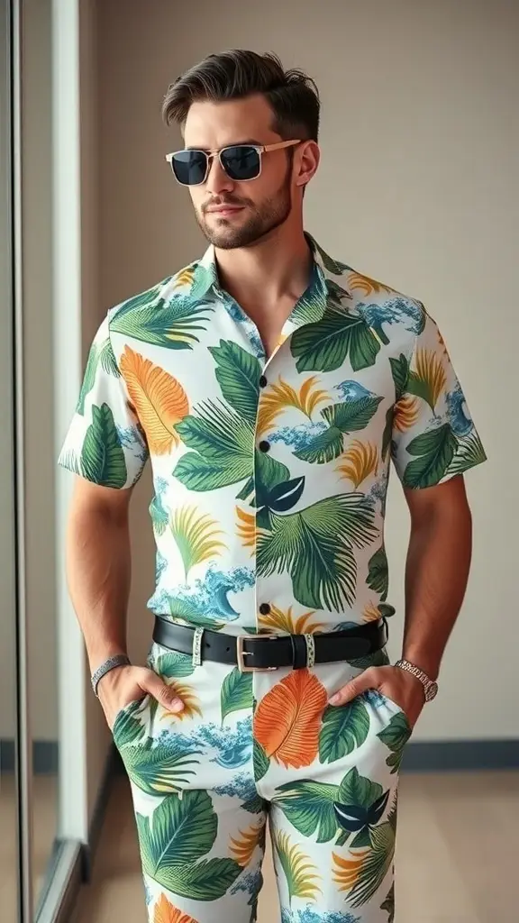 A collection of colorful beach-inspired shirts hanging on a rack, featuring palm leaf and ocean wave patterns.