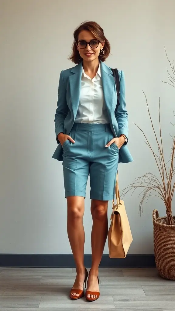 A woman in a light blue suit with shorts, oversized glasses, and a stylish bag, standing in an office setting.