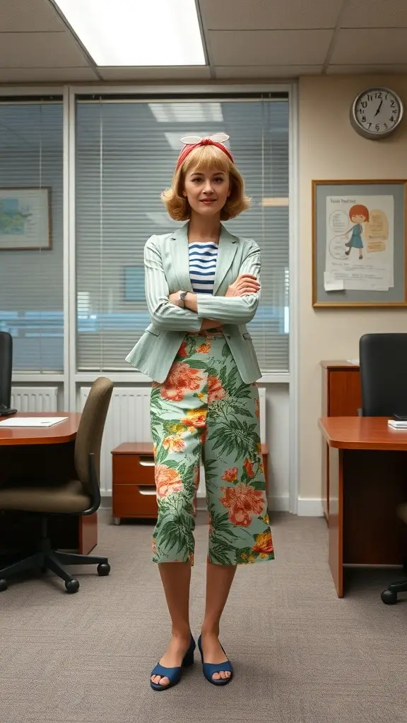 A stylish woman in an office setting wearing a striped top, floral culottes, and a mint green blazer.
