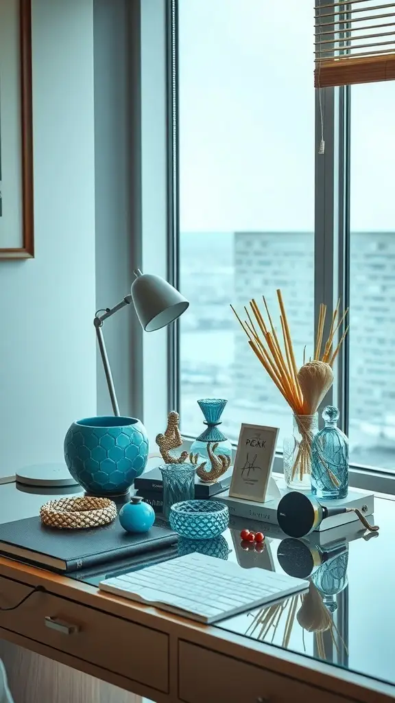 A stylish office desk featuring ocean-themed accessories, including a blue water bottle, sunglasses, and framed art.