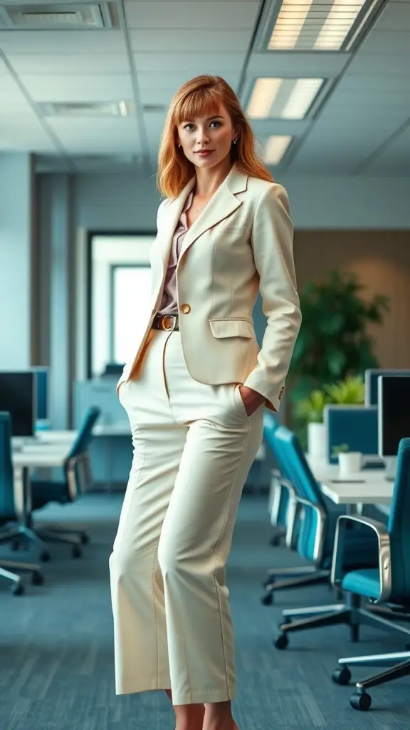 A woman in a light-colored suit standing confidently in a modern office setting.