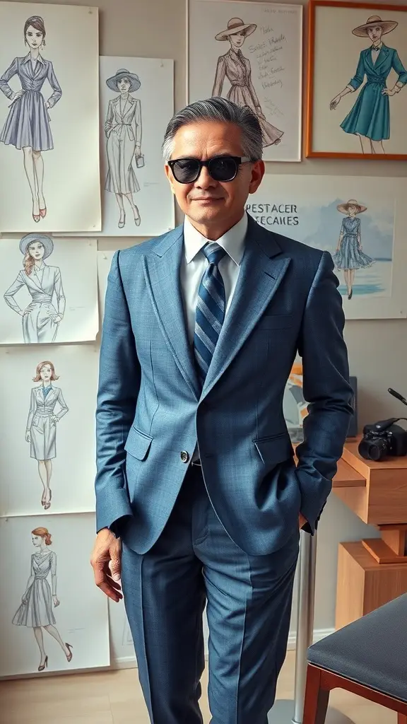 A man in a blue suit and sunglasses stands confidently in front of fashion sketches, embodying Oceanic Office Fashion.