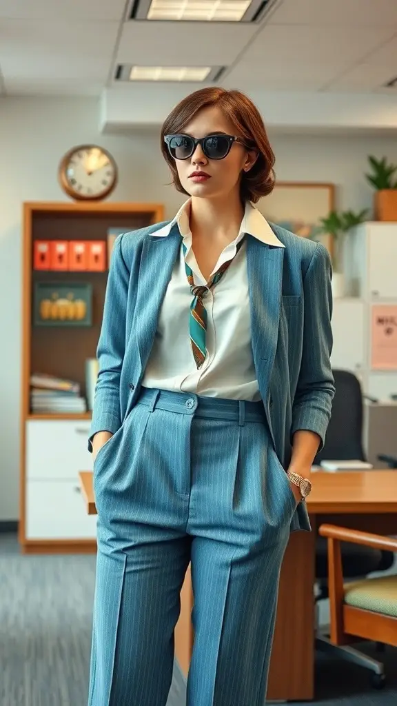 A stylish person in a blue suit with sunglasses, representing Oceanic Office Fashion.