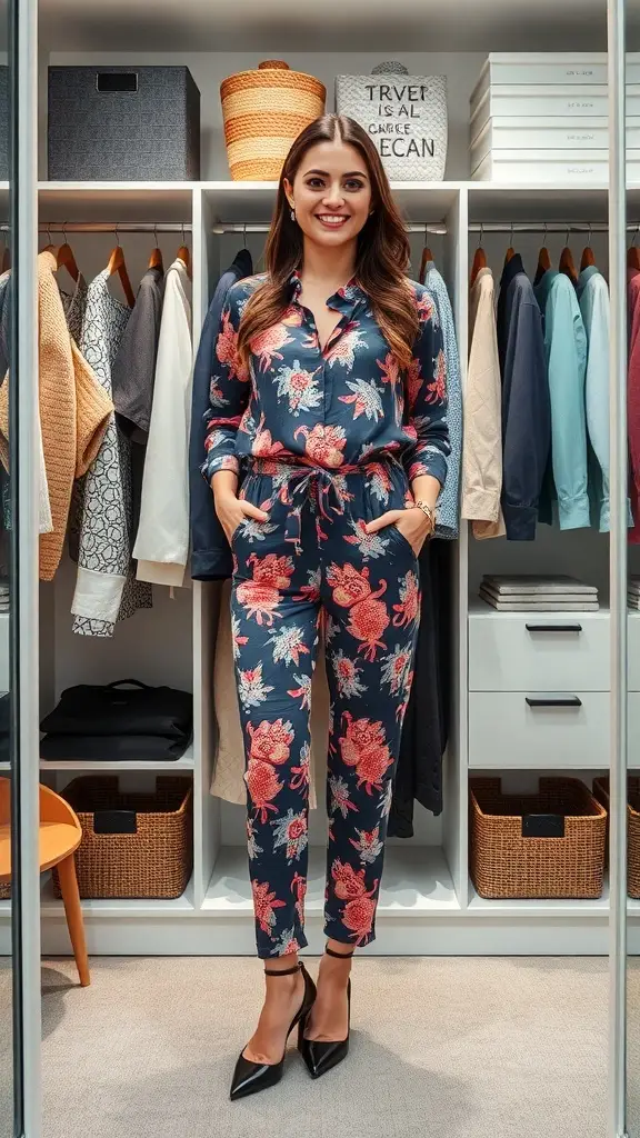A stylish closet featuring ocean-themed clothing in soft blues and greens, showcasing a blend of casual and professional attire.