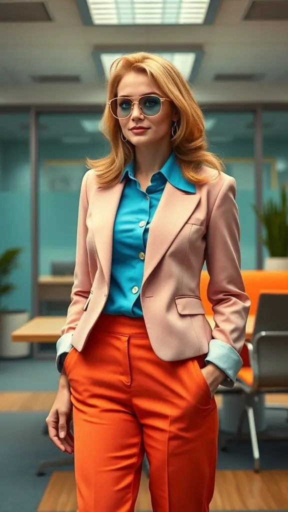 A woman in a pink blazer, blue shirt, and orange pants, showcasing bold ocean colors in a professional setting.