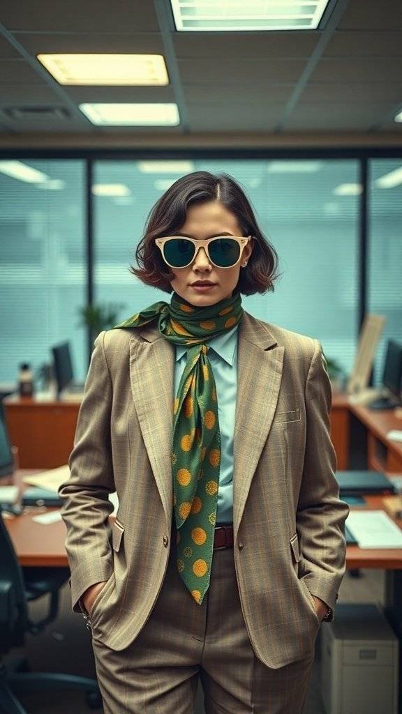 A person in a light brown plaid suit with a green polka dot scarf and oversized sunglasses, standing confidently in an office setting.