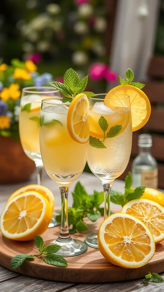 Glasses of lemonade and champagne punch garnished with lemon slices and mint leaves