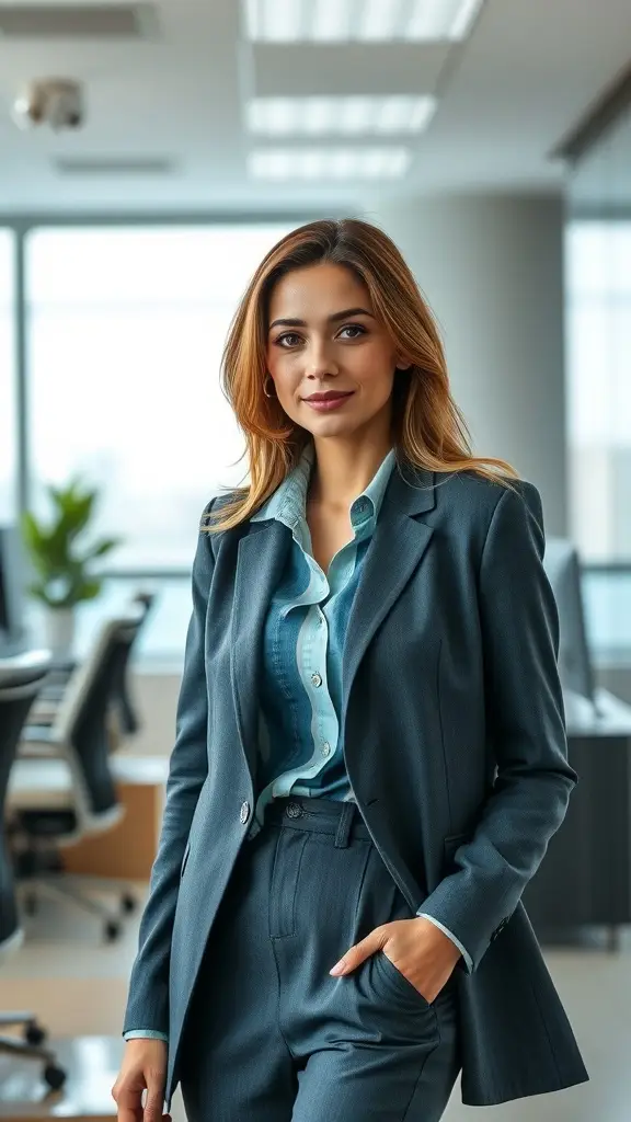 A woman in a blue jacket and orange pants stands confidently in an office setting, embodying Oceanic Office Fashion.