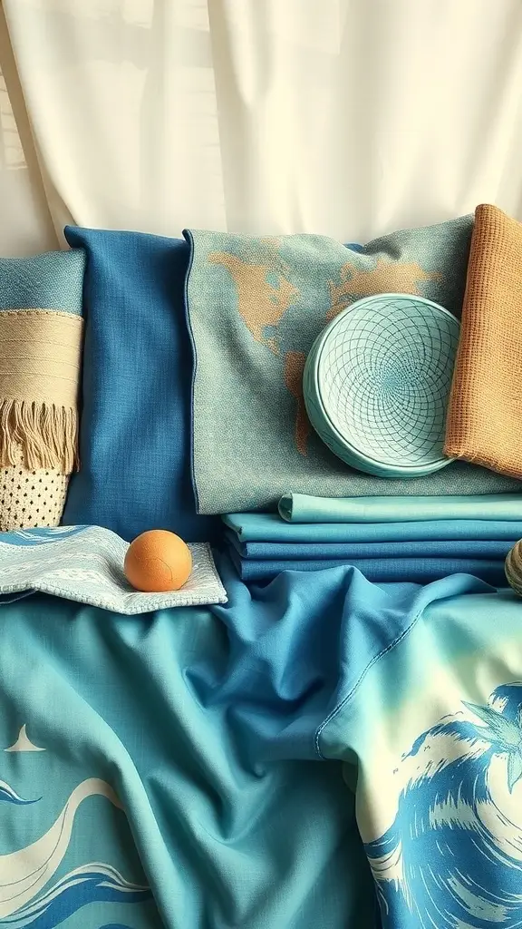 An assortment of blue fabrics and textiles with oceanic designs, including a world map and wave patterns, arranged aesthetically.
