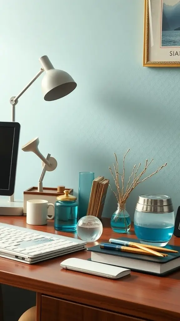 A modern office desk featuring ocean-themed accessories, including glass containers and a stylish lamp.