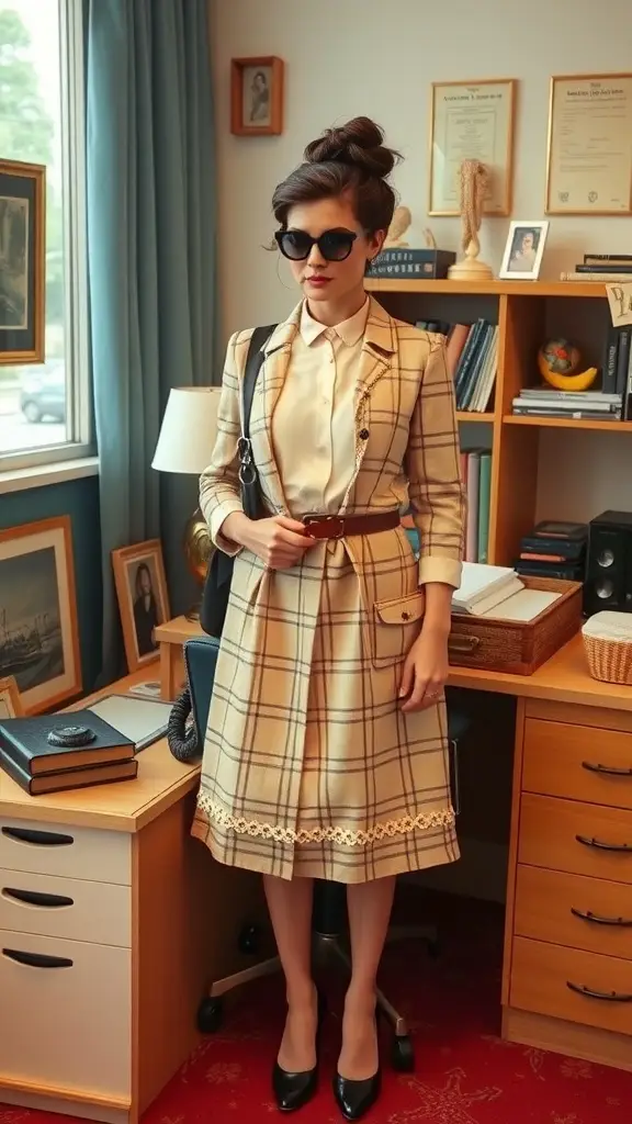 A woman in a vintage-inspired blue office outfit, featuring a blouse and pencil skirt, with glasses and gloves, standing in an office setting.