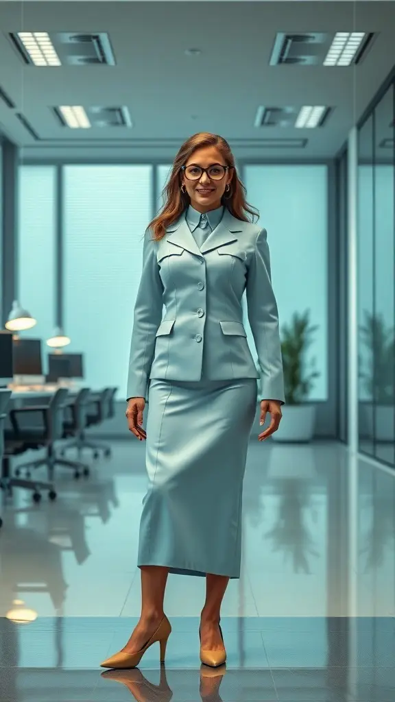 A woman in a light blue suit standing confidently in a modern office setting