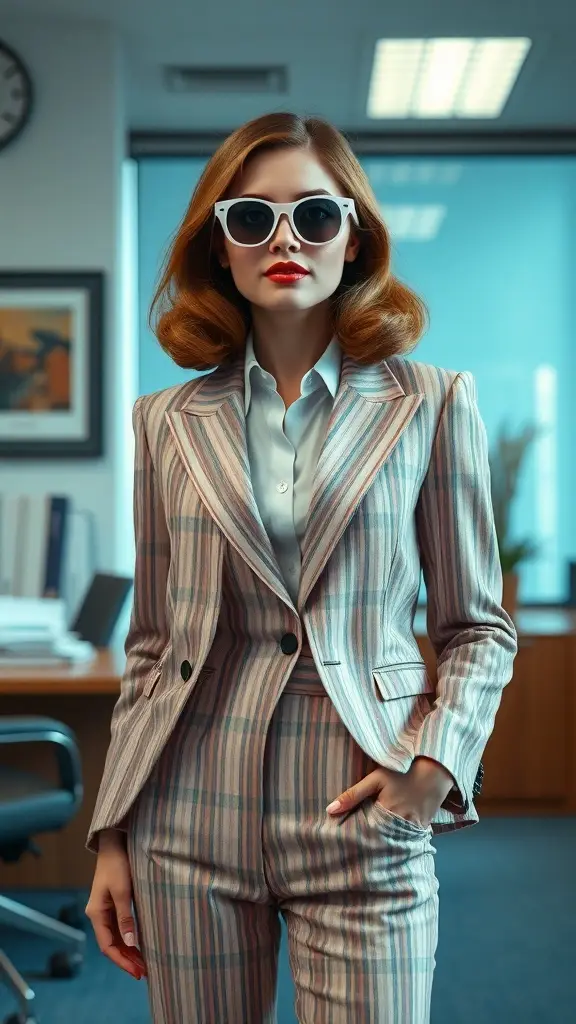 A woman in a stylish striped suit with sunglasses, standing confidently in an office setting.