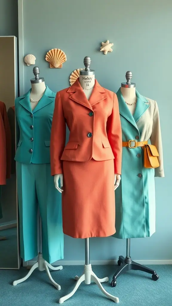 Three mannequins displaying office outfits in marine colors: teal, coral, and beige.
