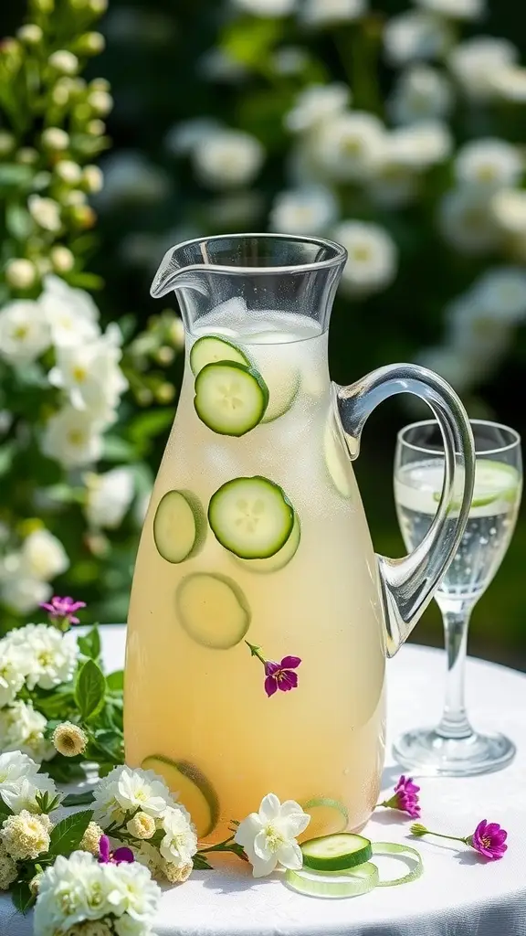 A refreshing cucumber and elderflower champagne punch in a glass pitcher with flowers and cucumber slices.