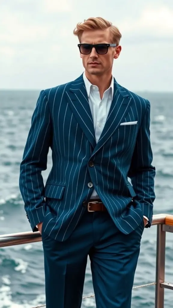 A man in a pinstriped blue suit with sunglasses, standing on a boat with the ocean in the background.