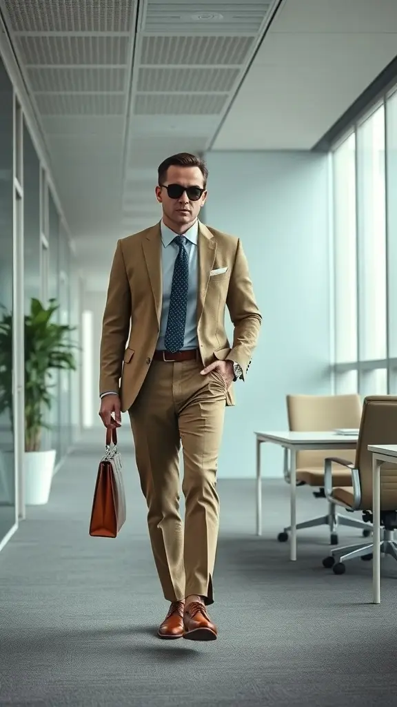 A man in a beige suit walking confidently in an office setting, wearing sunglasses and carrying a stylish bag.
