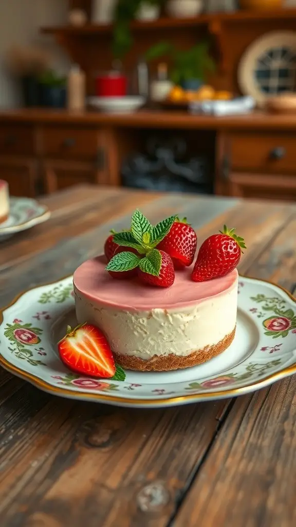 A mini cheesecake topped with strawberries and mint leaves on a floral plate, set on a wooden table.